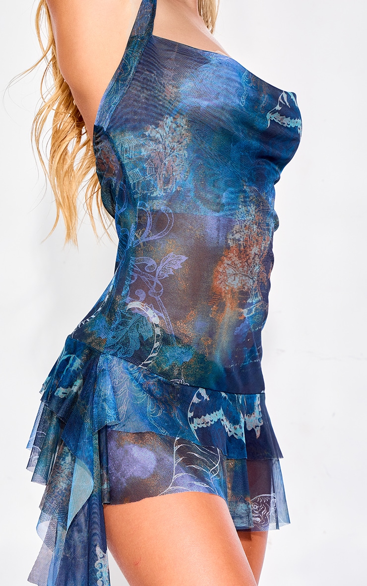 Blue Butterfly Print Mesh Cowl Frill Detail Shift Dress image 4