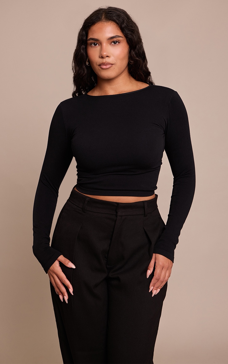 Shape Black Boat Neck Long Sleeve Seamless Top image 1