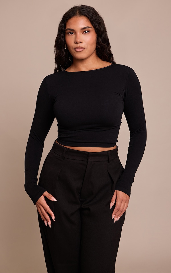 Shape Black Boat Neck Long Sleeve Seamless Top