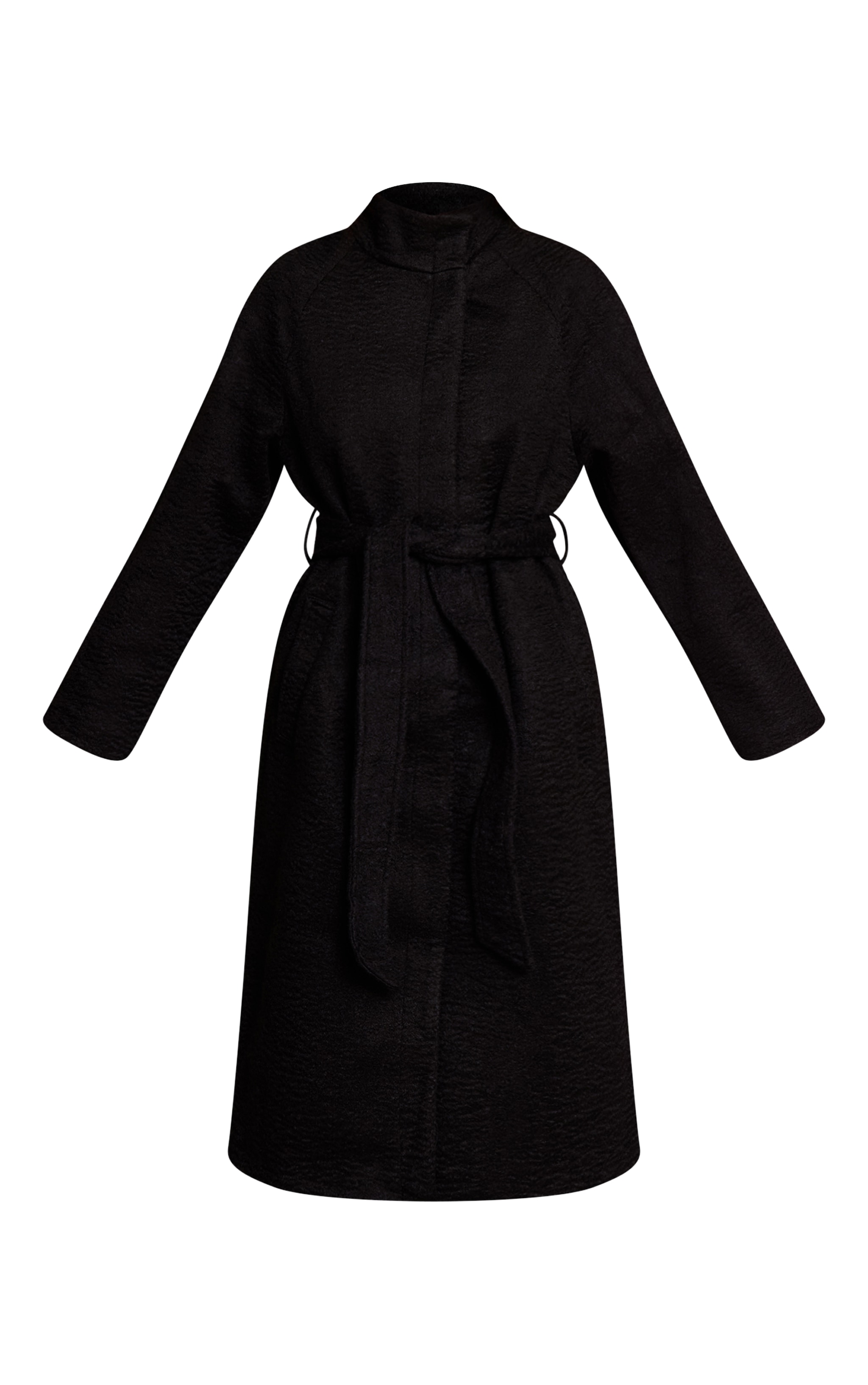 Manteau long en effet laine noir à col montant et taille nouée image 5