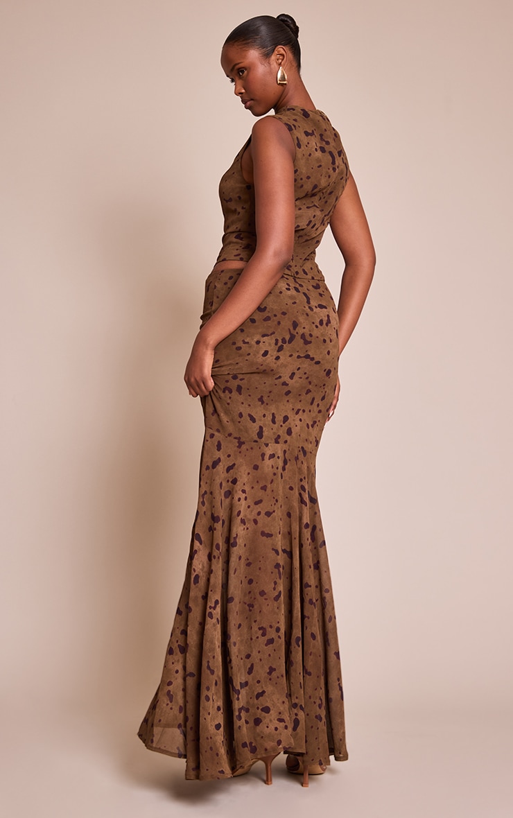 Khaki Abstract Print Chiffon Fishtail Maxi Skirt image 3