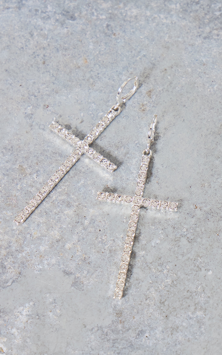 Silver Diamante Cross Statement Earrings image 3