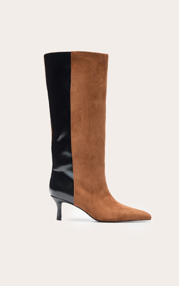 Black PU Tan Suede Contrast Heeled Knee High Boot image 2