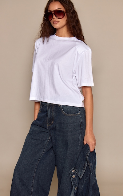 White Shoulder Detail Cropped Boxy T-Shirt