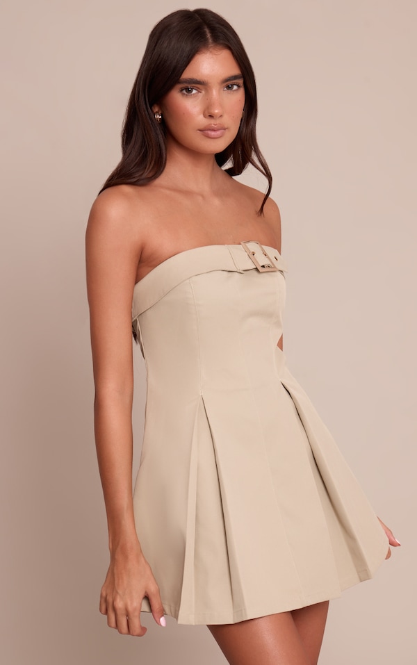 Stone Belted Bandeau Pleated Shift Dress