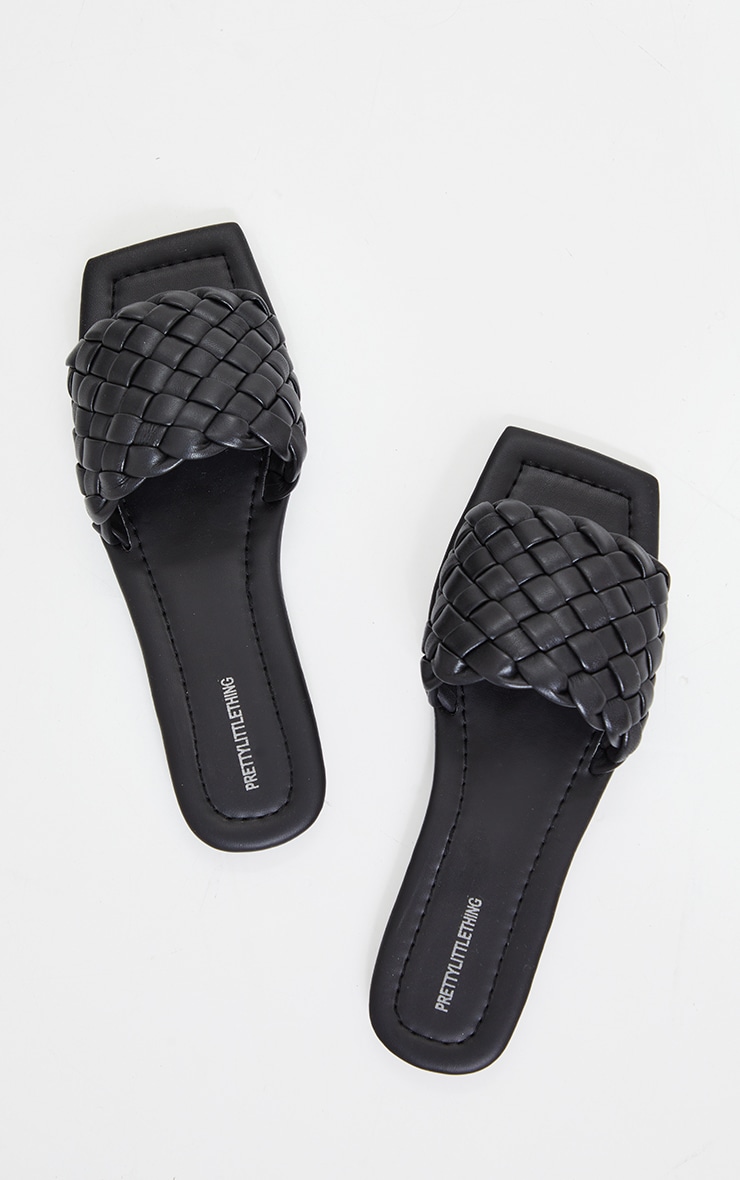 Black Real Leather Square Toe Chunky Basket Weave Mule Sandals image 3