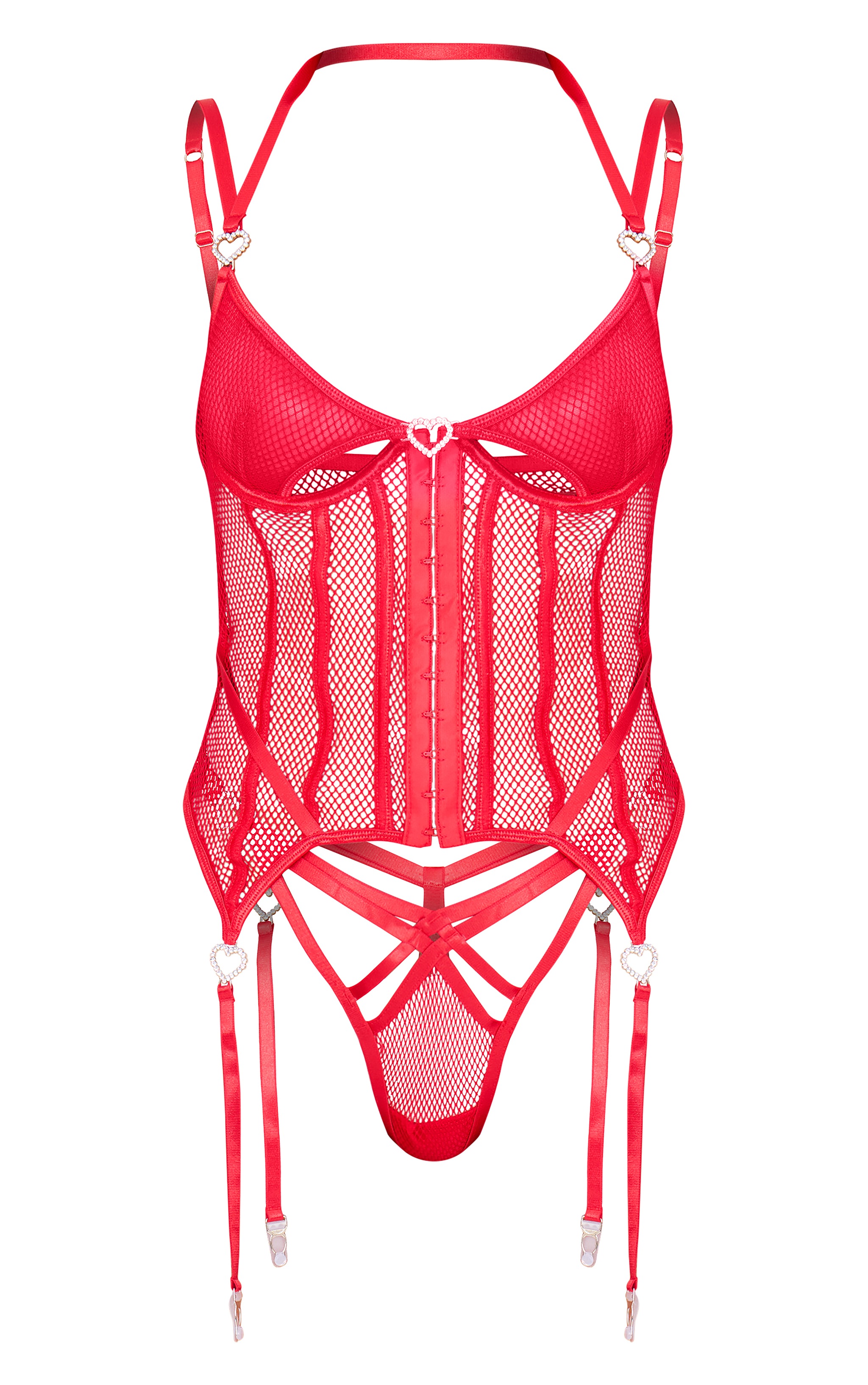 Red Fishnet Lace Lingerie Set with Suspender Pantyhose