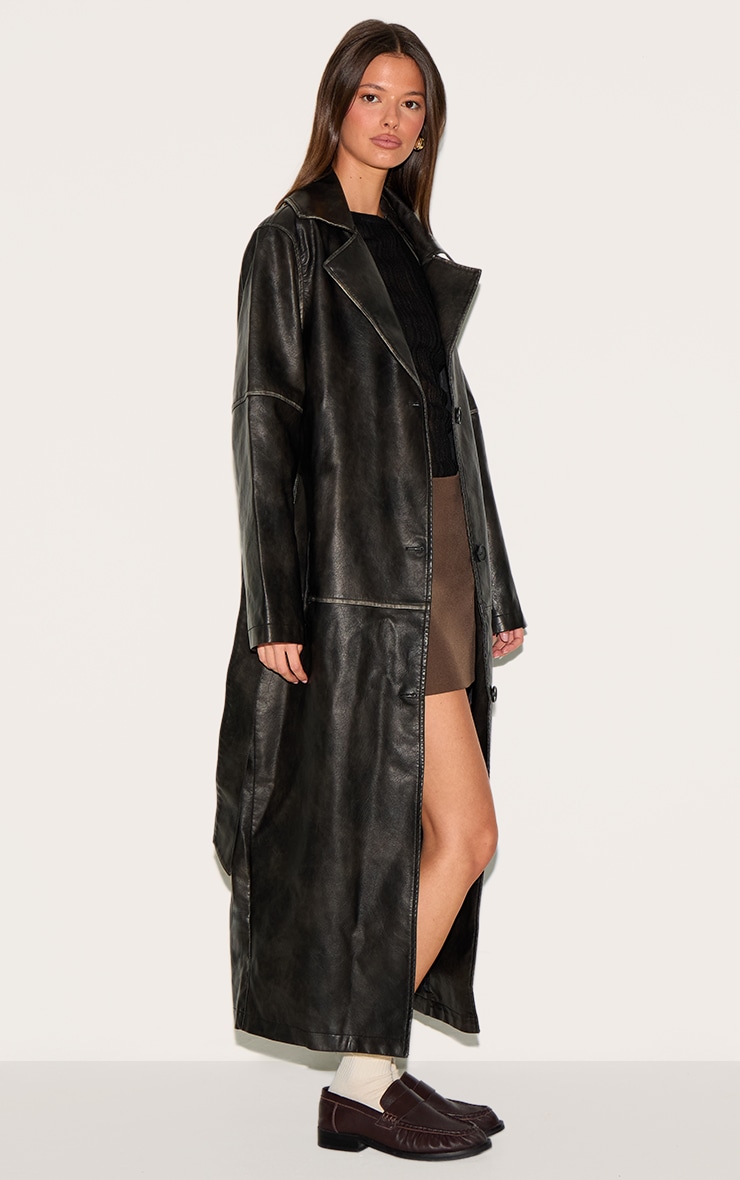 Black Distressed Faux Leather Seam Detail Trench Coat image 3