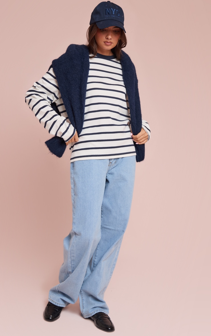 Navy Stripe Cotton Long Sleeve Boxy T Shirt  image 3