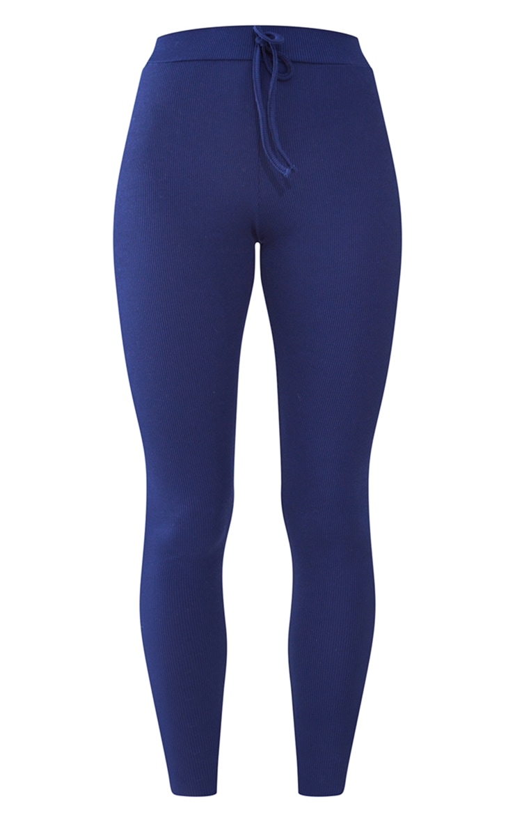 Navy Rib Drawstring Waist Leggings Bottoms PrettyLittleThing