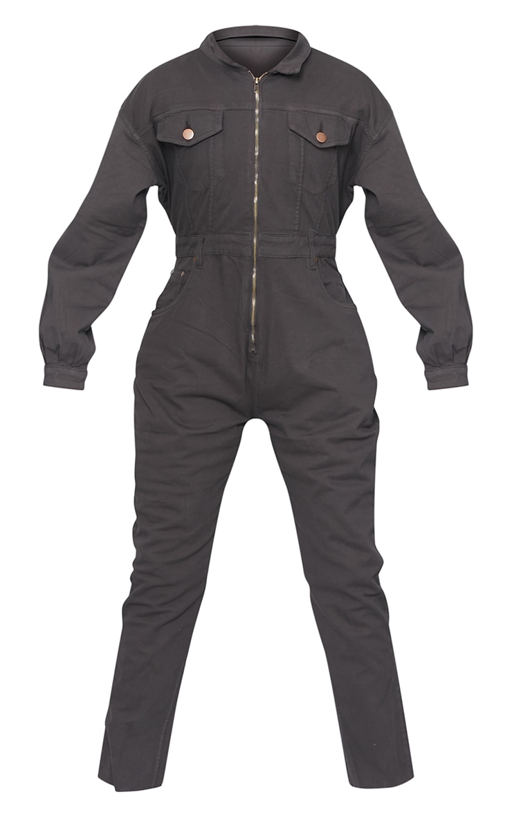 Plus Chocolate Brown Denim Zip Front Jumpsuit image 5