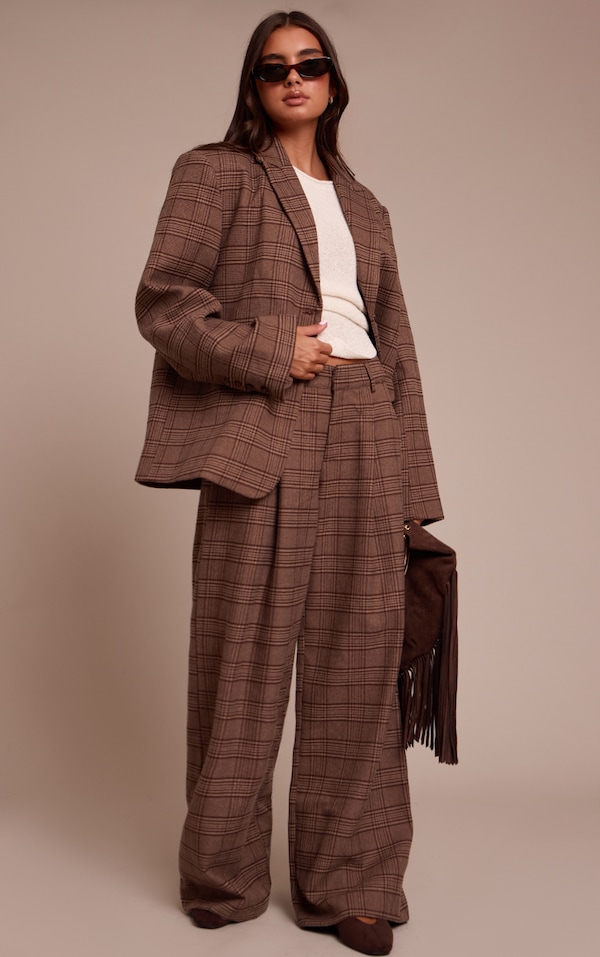 Brown Checked Premium Woven Twill Tailored Wide Leg Pant
