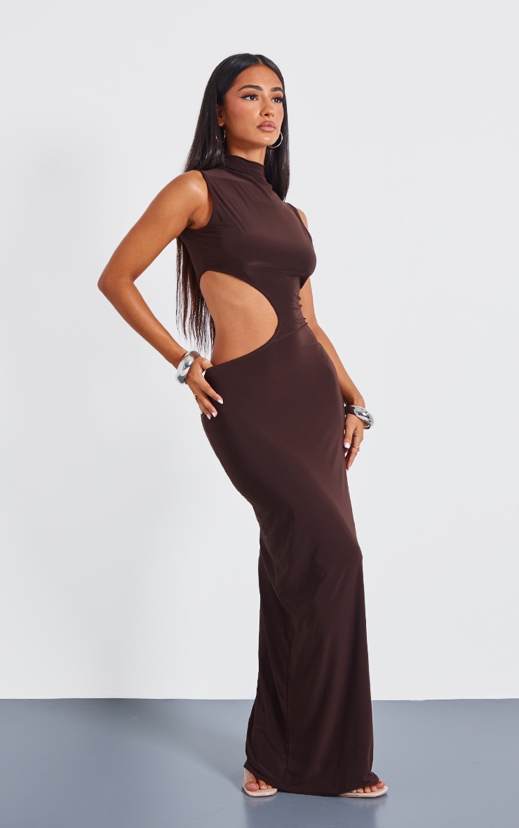 Petite Chocolate Bodycon Slinky Cut Out Maxi Dress image 3