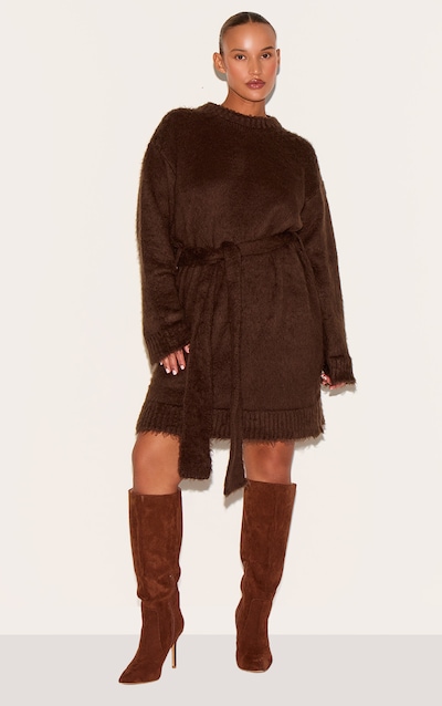 Plus Chocolate Belted Eyelash Knit Mini Dress