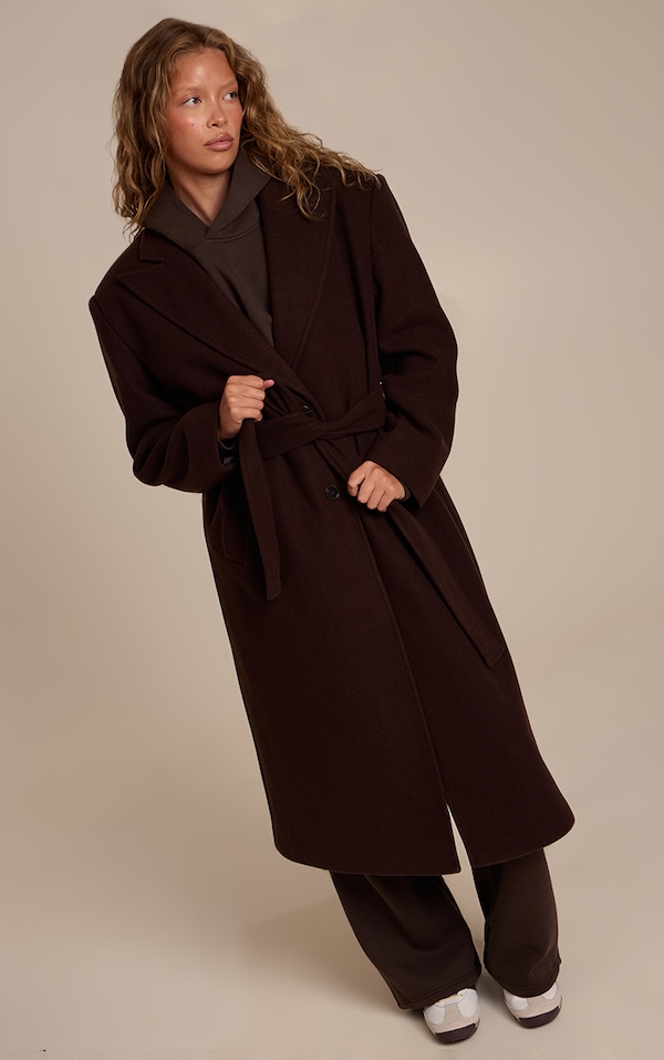 Brown Single Breasted Self Tie Wool Look Maxi Coat