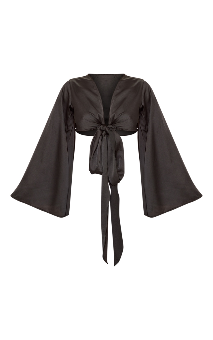 Black Satin Flare Sleeve Tie Front Blouse | Tops