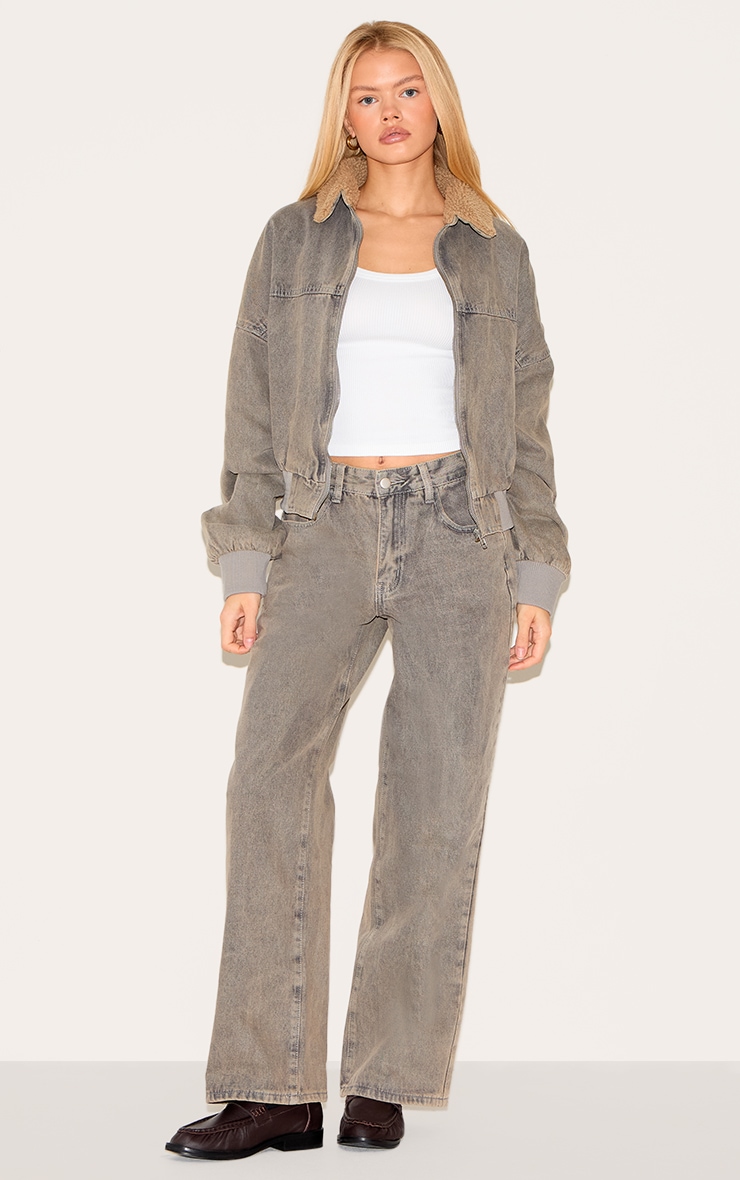 Light Grey Borg Collar Denim Bomber Jacket image 3