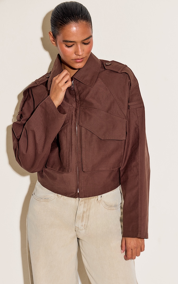 Chocolat Trench Détail Cropped Fermeture éclair Up Veste