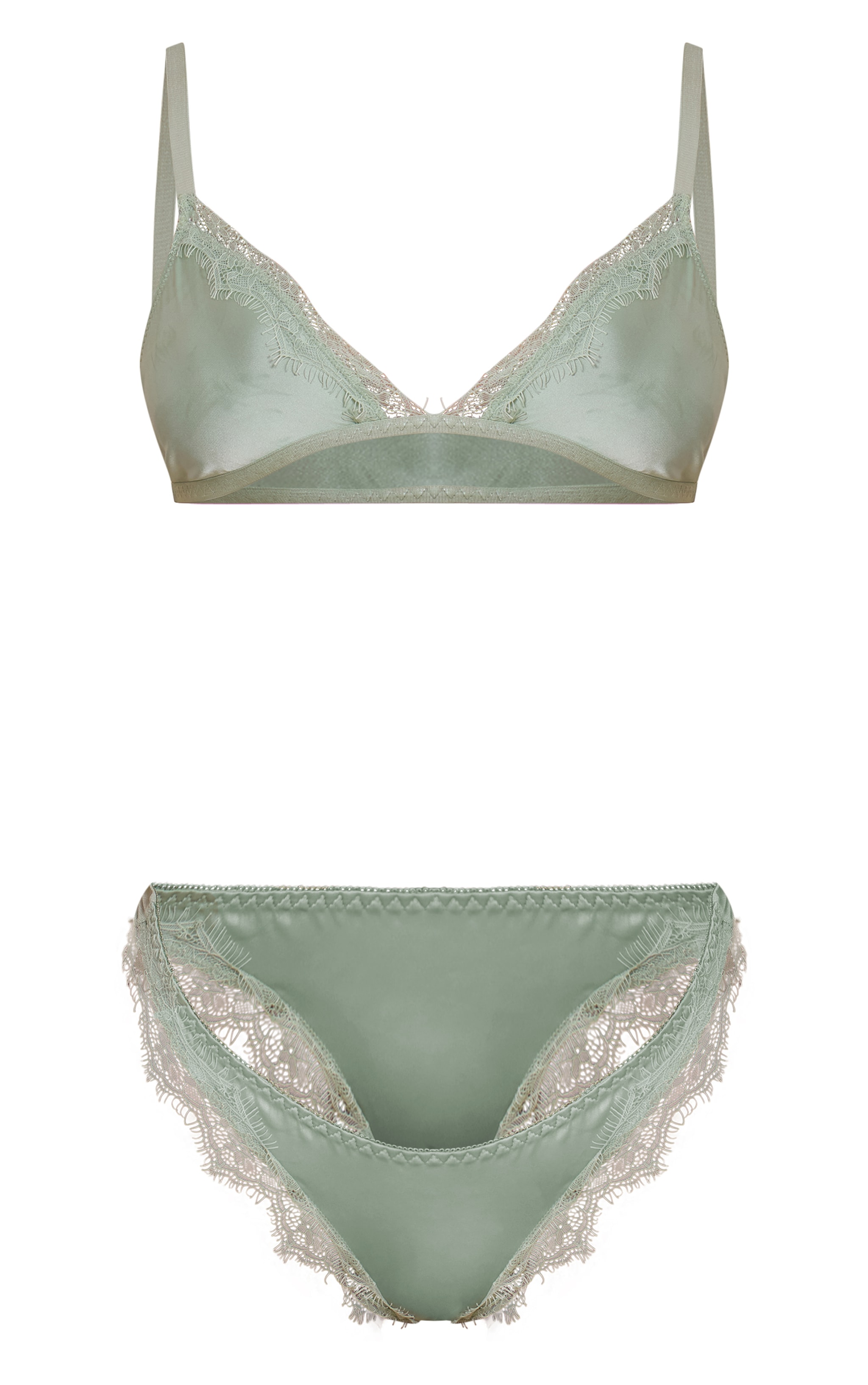 Sage Satin Lace Trim Triangle Bra Thong Lingerie Set image 5