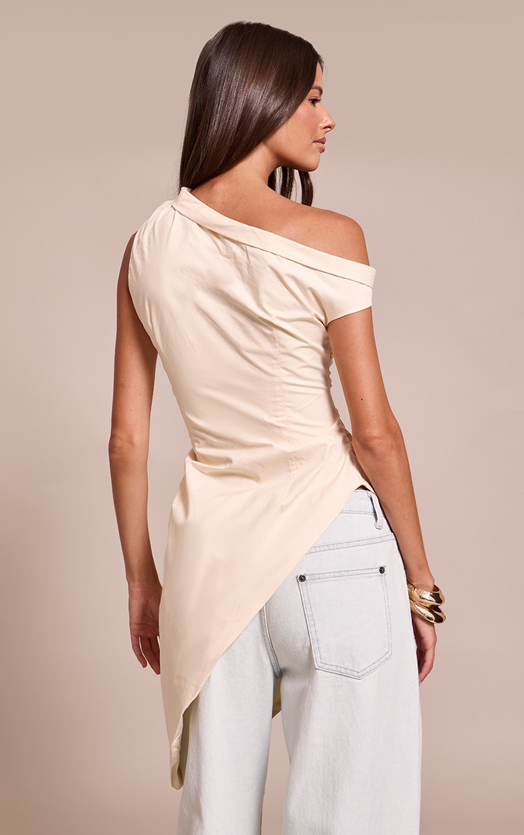 Cream Cotton One Shoulder Ruched Extreme Asymmetric Hem Top image 2