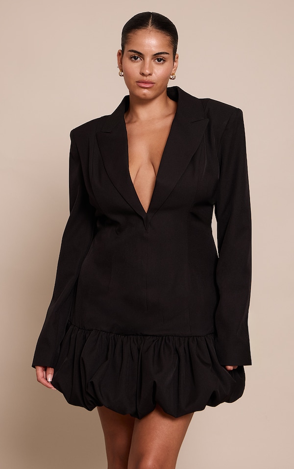 Plus Black Plunge Puff Hem Blazer Dress