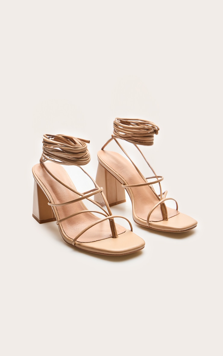 Nude Pu Square Toe Thong Strappy Lace Up Block Heeled Sandals image 3