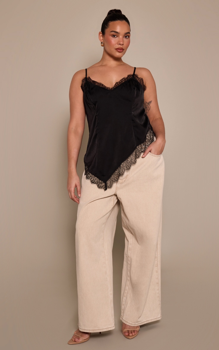 Plus Black Lace Detail Strappy Asymmetric Cami Top image 3