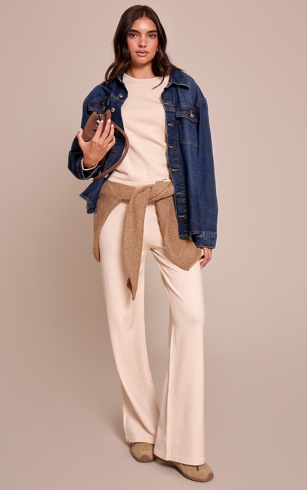 Cream Drawstring Waist Fine Knit Pants