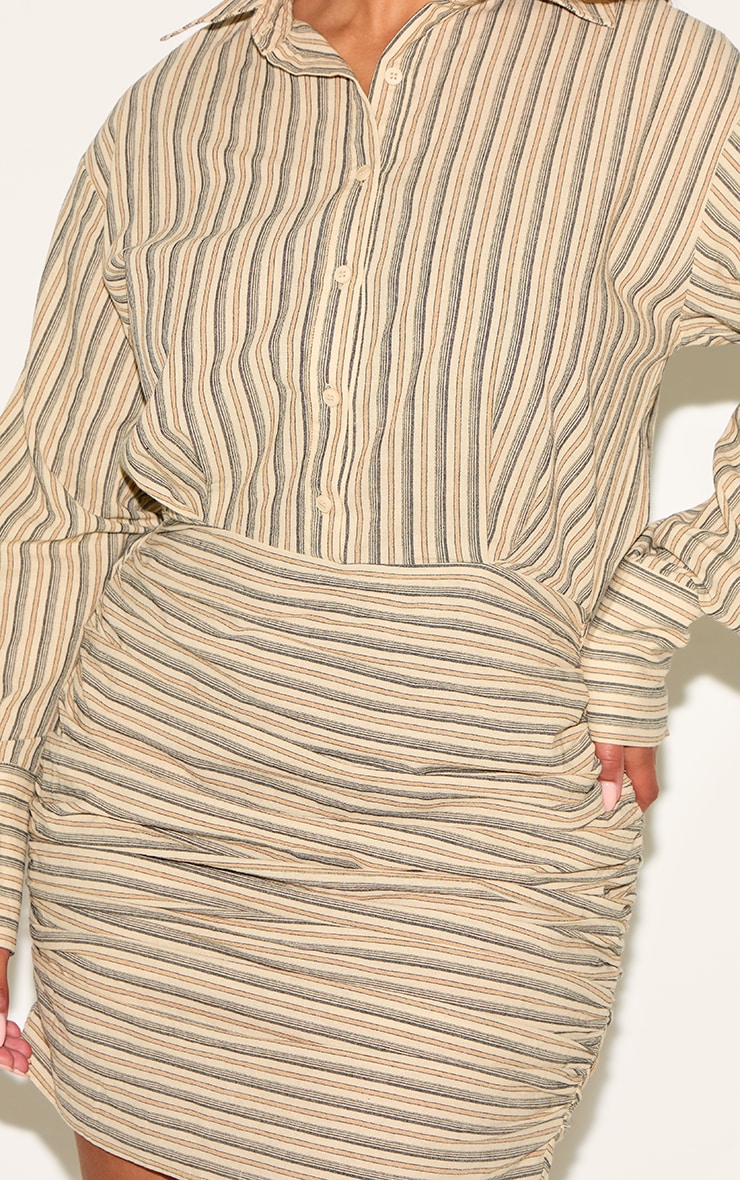 Shape Olive Striped Button Front Ruched Hem Shirt Dress image 4