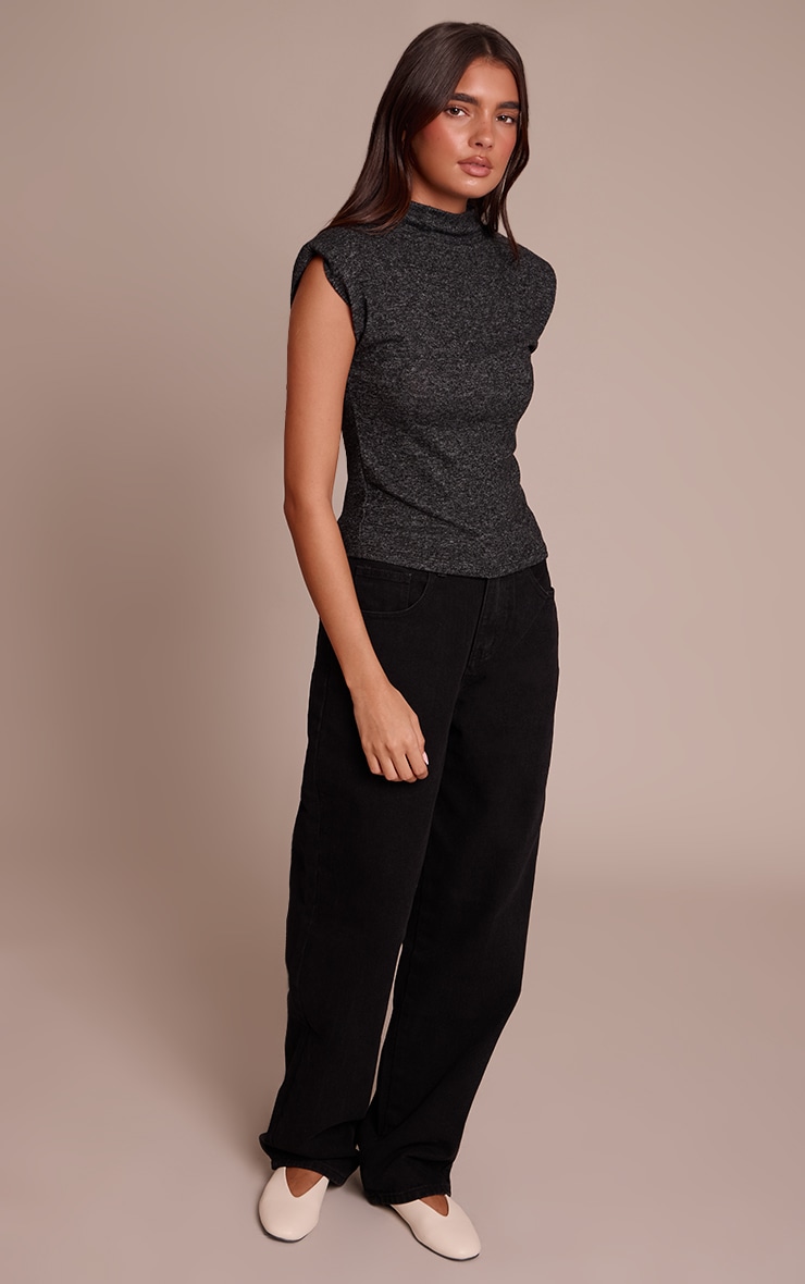 Charcoal Soft Knit Shoulder Detail High Neck Long Top image 3