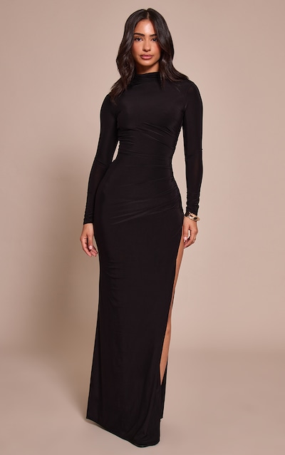 Petite Black Double Layer Ruched High Neck Maxi Dress