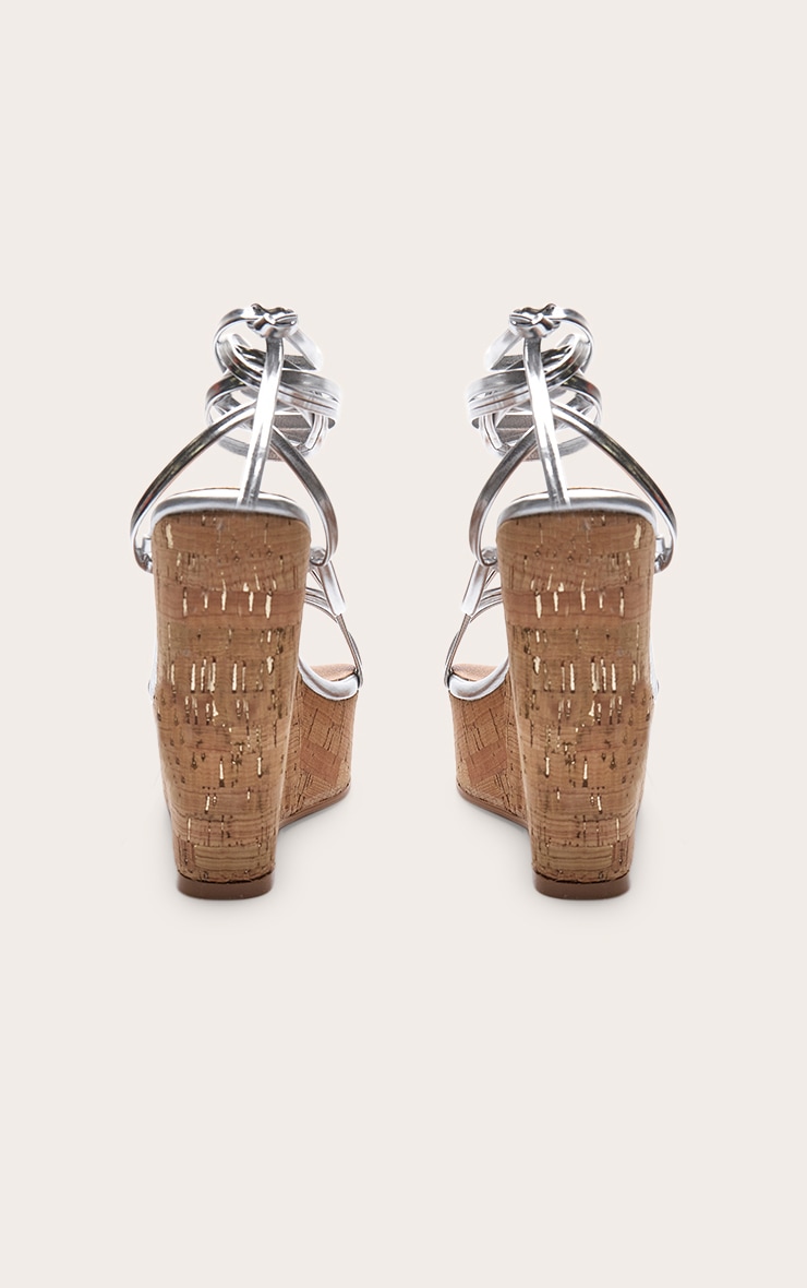 Silver Pu Strappy Lace Up High Heel Cork Wedges image 4