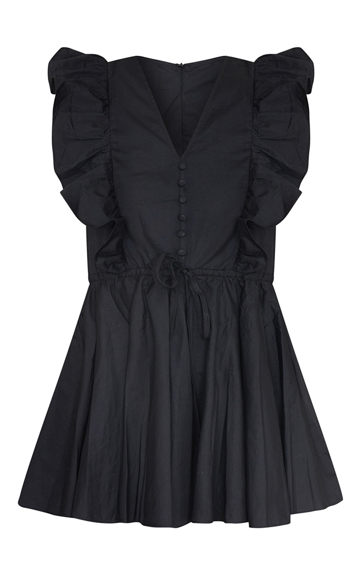 Black Poplin Button Detail Flare Short Romper image 5