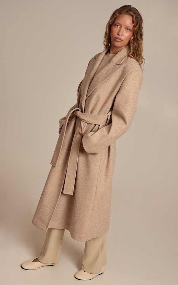 Oat Single Breasted Self Tie Wool Look Maxi Coat