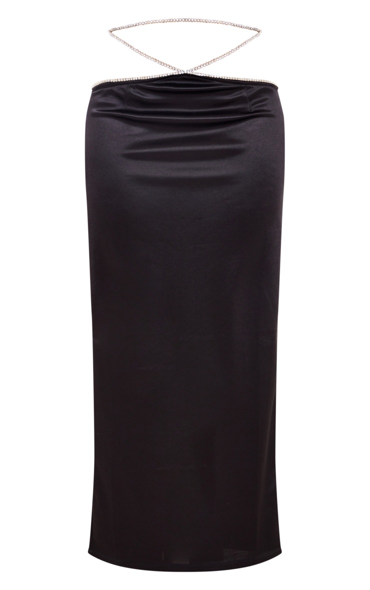 Black Satin Diamante Waist Midaxi Skirt