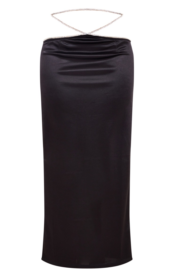 Black Satin Diamante Waist Midaxi Skirt image 1