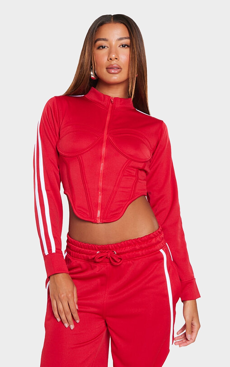  Red Stripe Sleeve Corset Detail Crop Zip Sweatshirt image 1