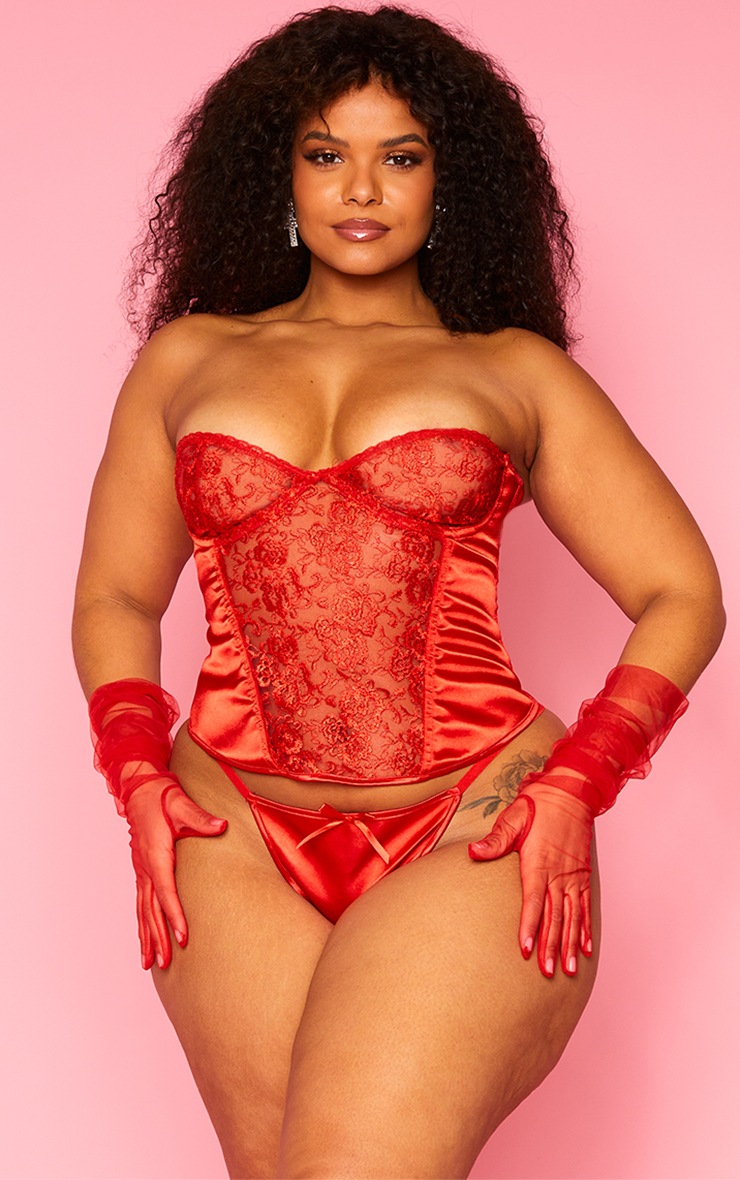 Plus Red Lace Satin Corset And Thong Set