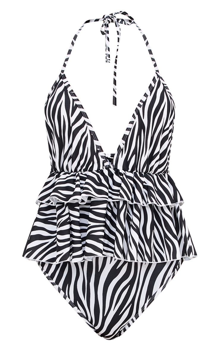 Zebra Print Frill Layer Swimsuit. Swimsuit PrettyLittleThing