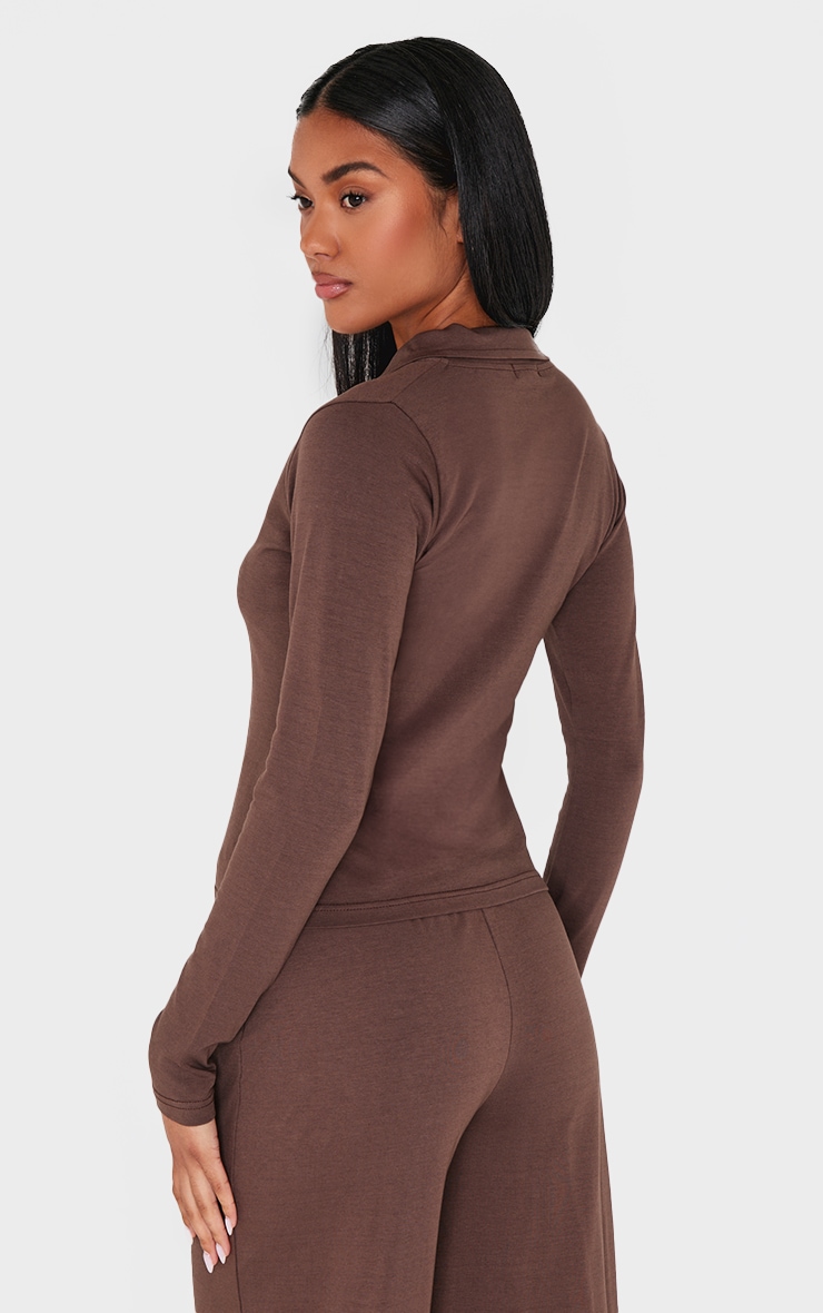 Chocolate Button Up Jersey Fitted Top image 2