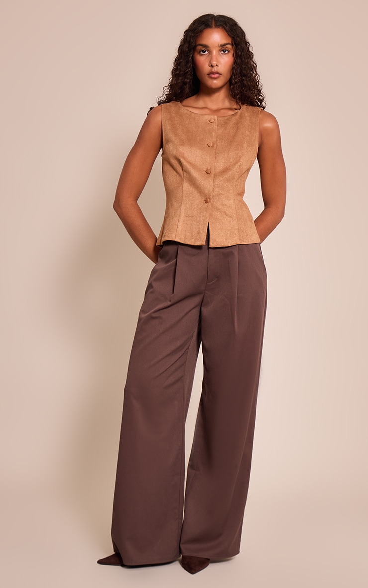 Tan Faux Suede Popper Detail Vest image 3