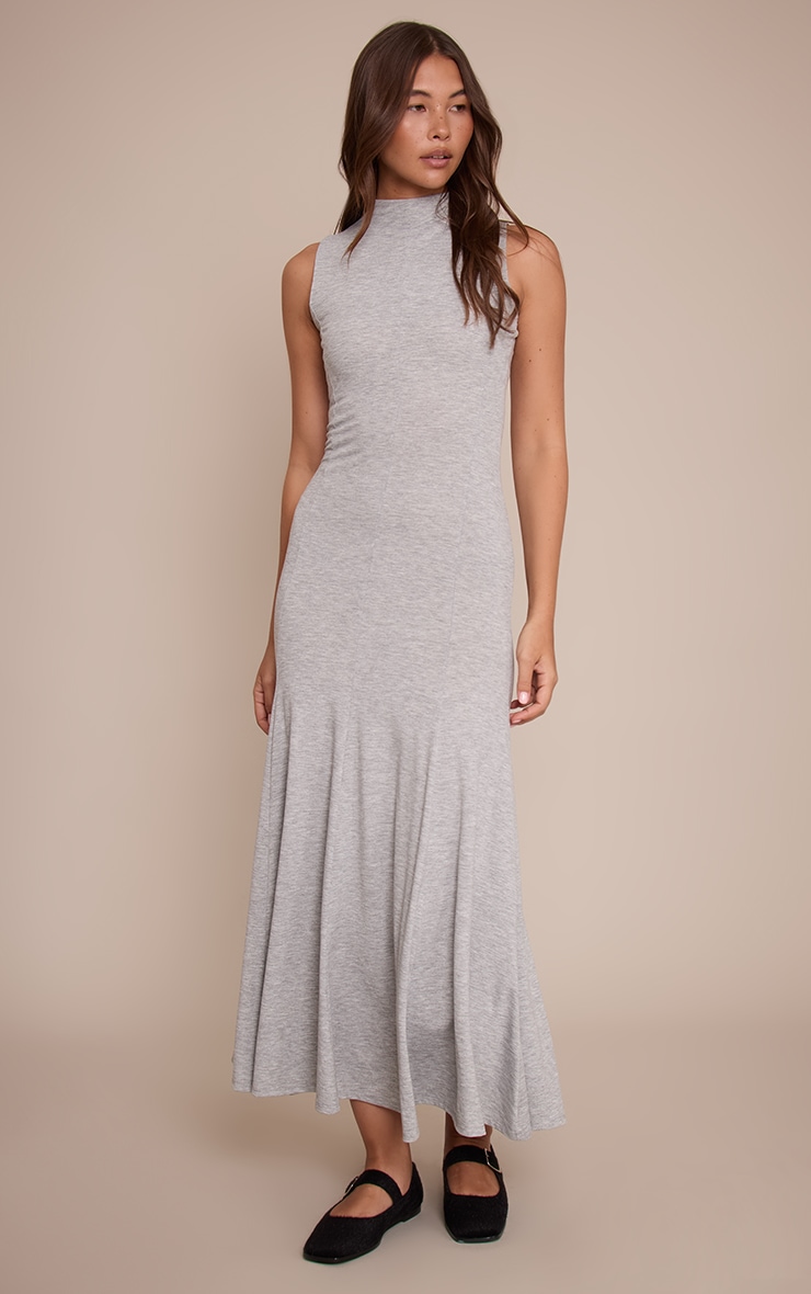 Grey Jersey Long Sleeve High Neck Maxi Dress