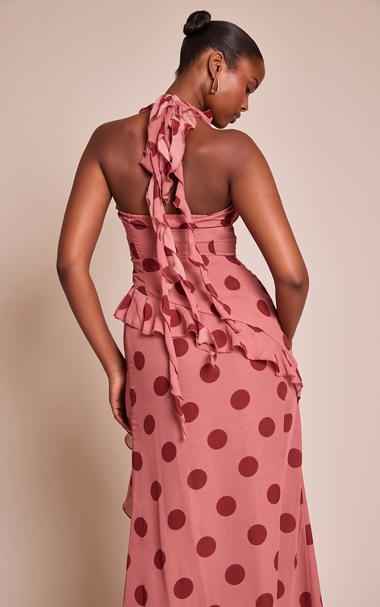 Light Pink Polka Dot Chiffon Frill Plunge Long Top image 2