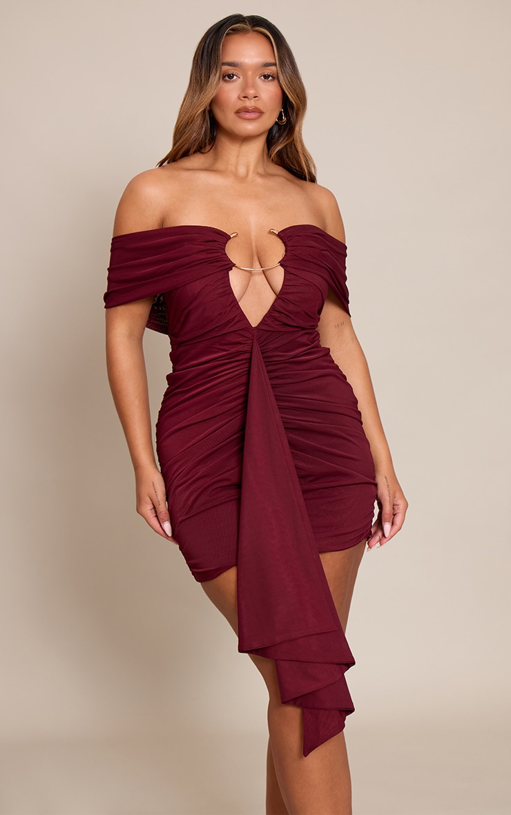 Shape Wine Mesh O Ring Plunge Bardot Mini Dress image 1