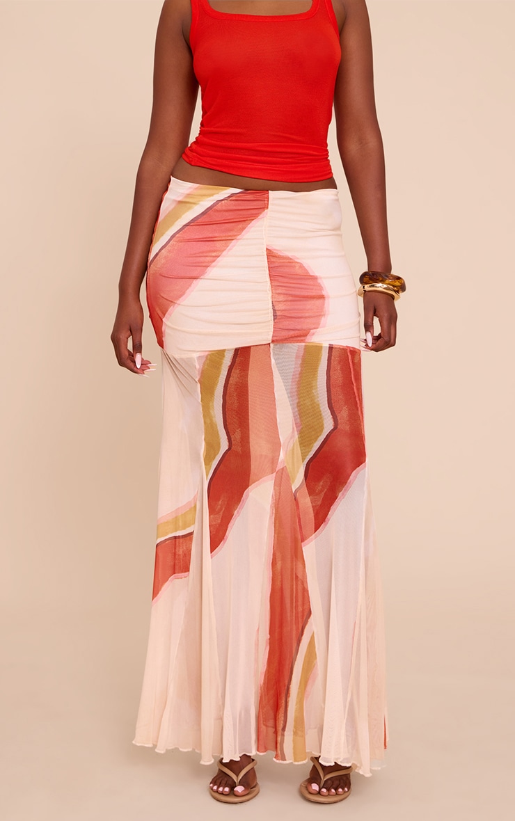 Beige Printed Mesh Overlay Maxi Skirt image 2