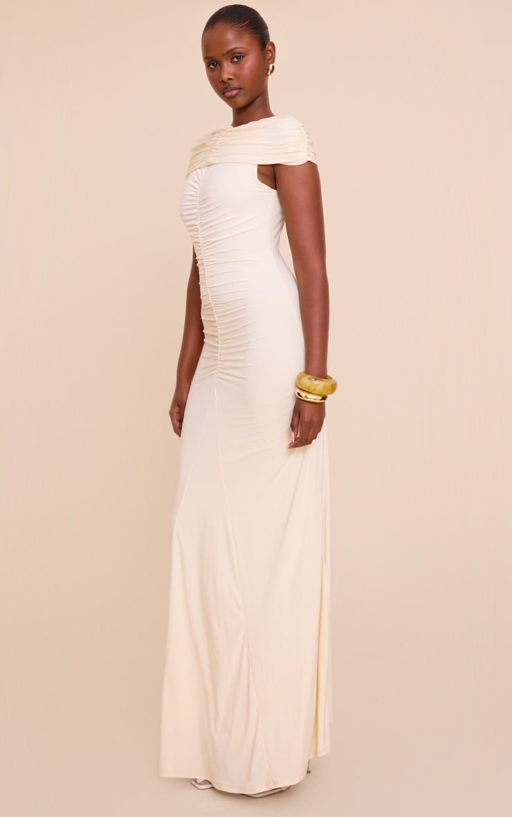 Almond Slinky Bardot Ruched Detailing Maxi Dress image 3
