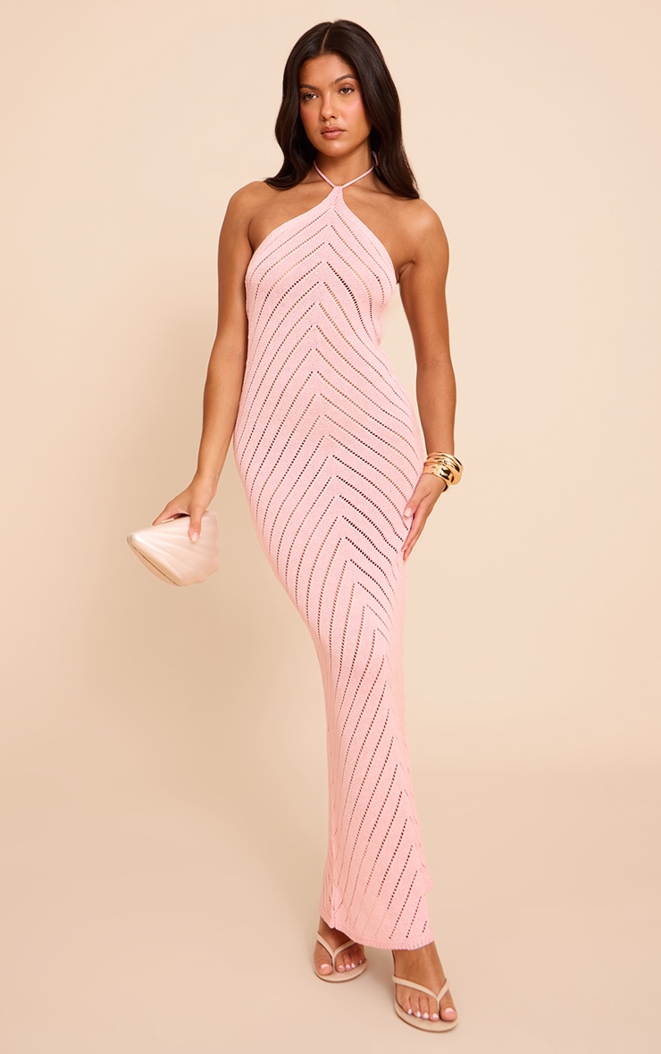 Robe longue en maille tricot rose à chevrons image 1