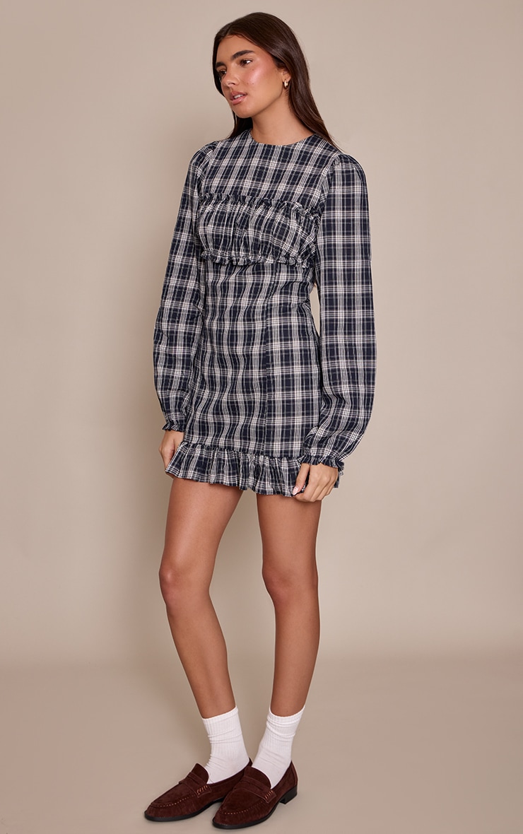 Navy Check Ruched Bust Long Sleeve Shift Dress image 3