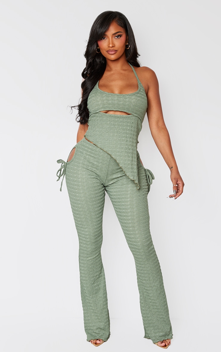 Shape Khaki Textured Cut Out Flare Trousers