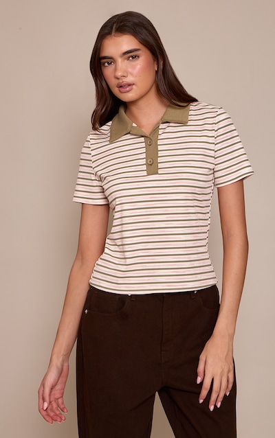 Khaki Soft Rib Striped Detail Collared Short Sleeve Top